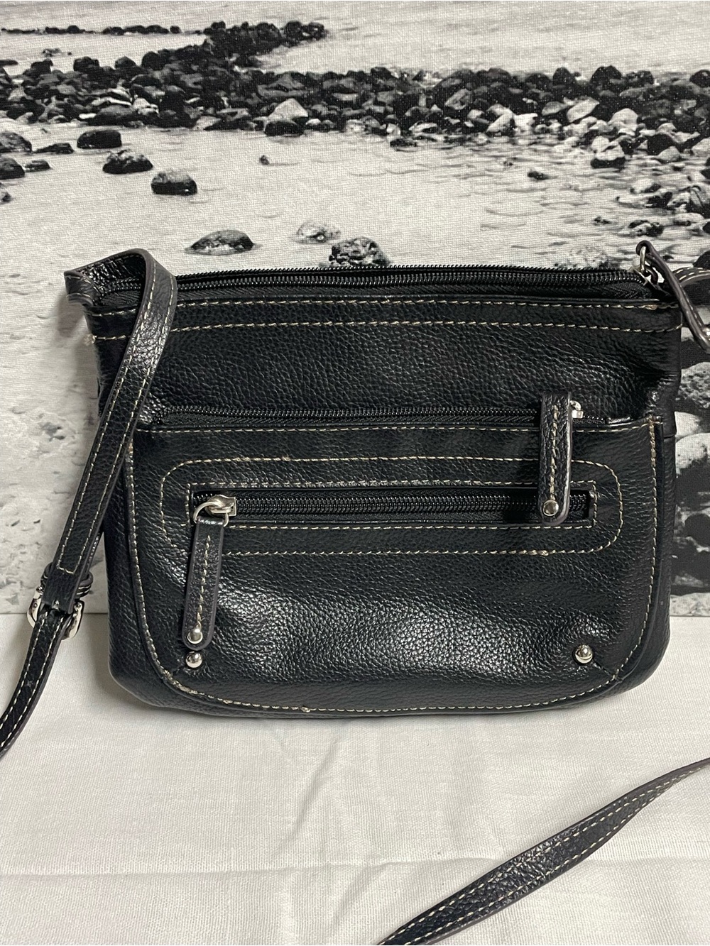 Danier Black Leather Crossbody with Front Zip Pockets